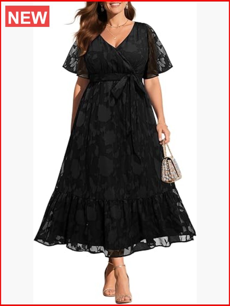 Plus Size Floral Lace Wrap V Neck Maxi Dress